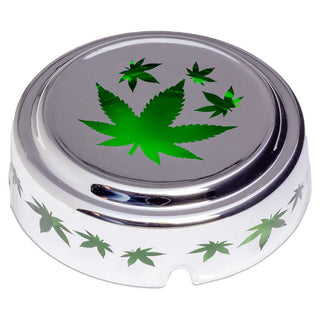 TMI Glass Metallic Silver Green Leaf Ashtray