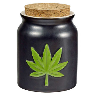 Embossed Hemp Leaf Matte Black Ceramic 4 Stash Jar Natural